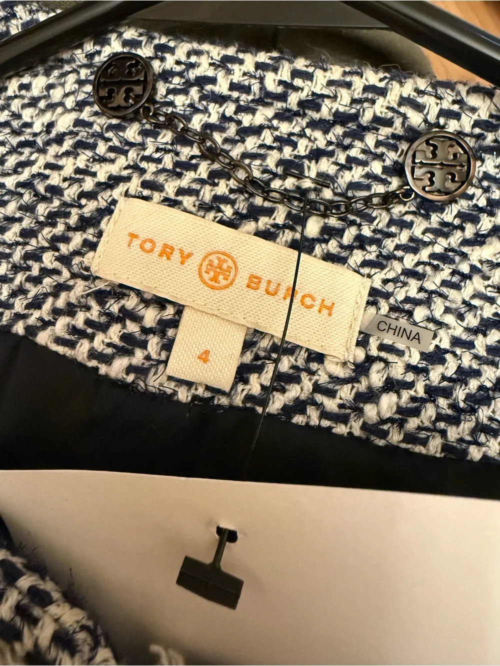 Tory Burch Navy and White Tweed Fringe Cropped Jacket